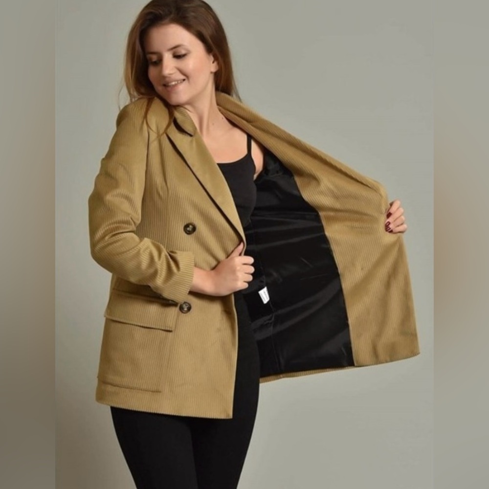 Sans Souci Tan Camel Corduroy Double Relaxed Fit Breasted Blazer Jacket